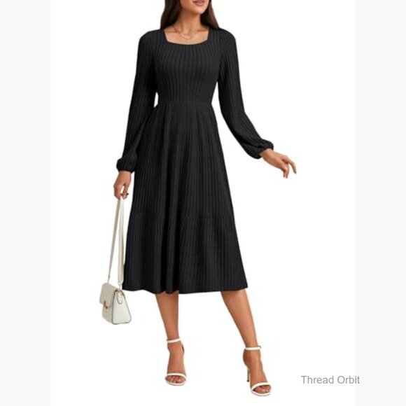 Long Sleeve Ribbed Knit Sweater Dress, Square Neck Tiered A-Line Fall Winter - Picture 4 of 6